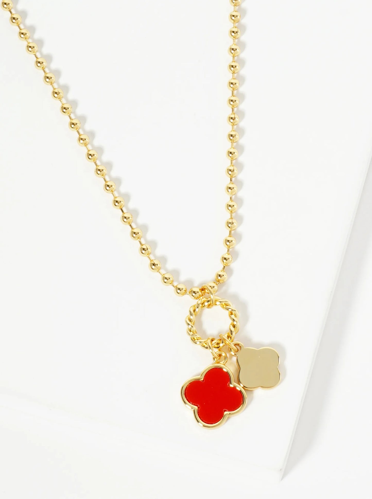 18K Gold Dipped Two Quatrefoils Pendant Ball Chain Necklace