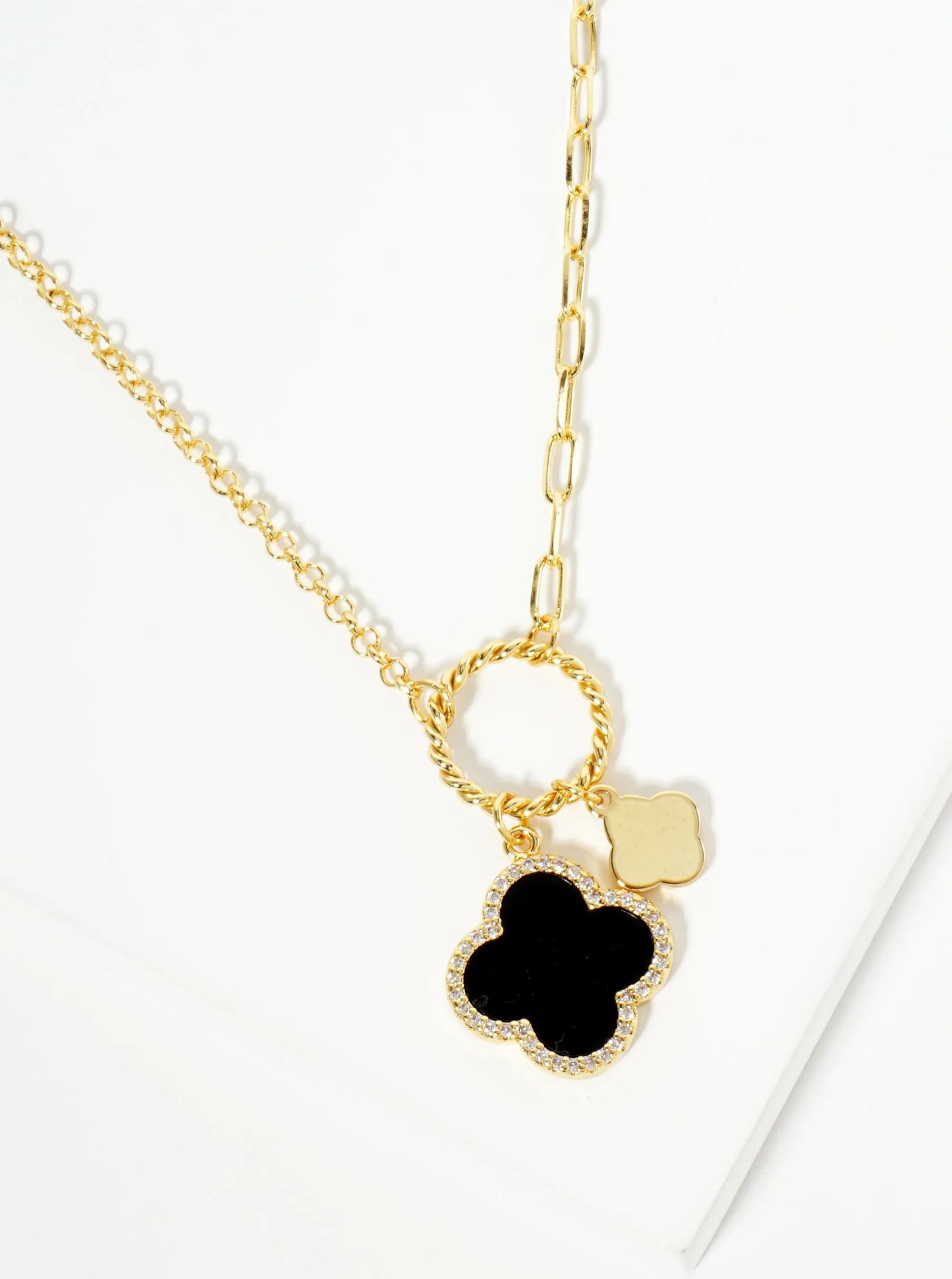 18K Gold Dipped Two Quatrefoils Pendant Unbalanced Chain Necklace