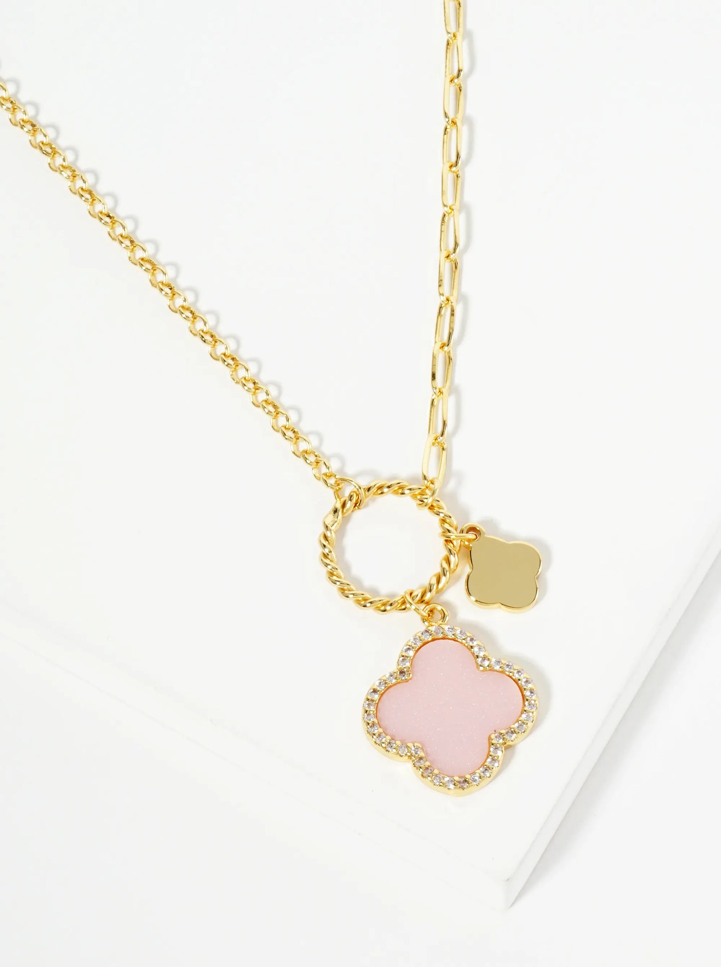 18K Gold Dipped Two Quatrefoils Pendant Unbalanced Chain Necklace