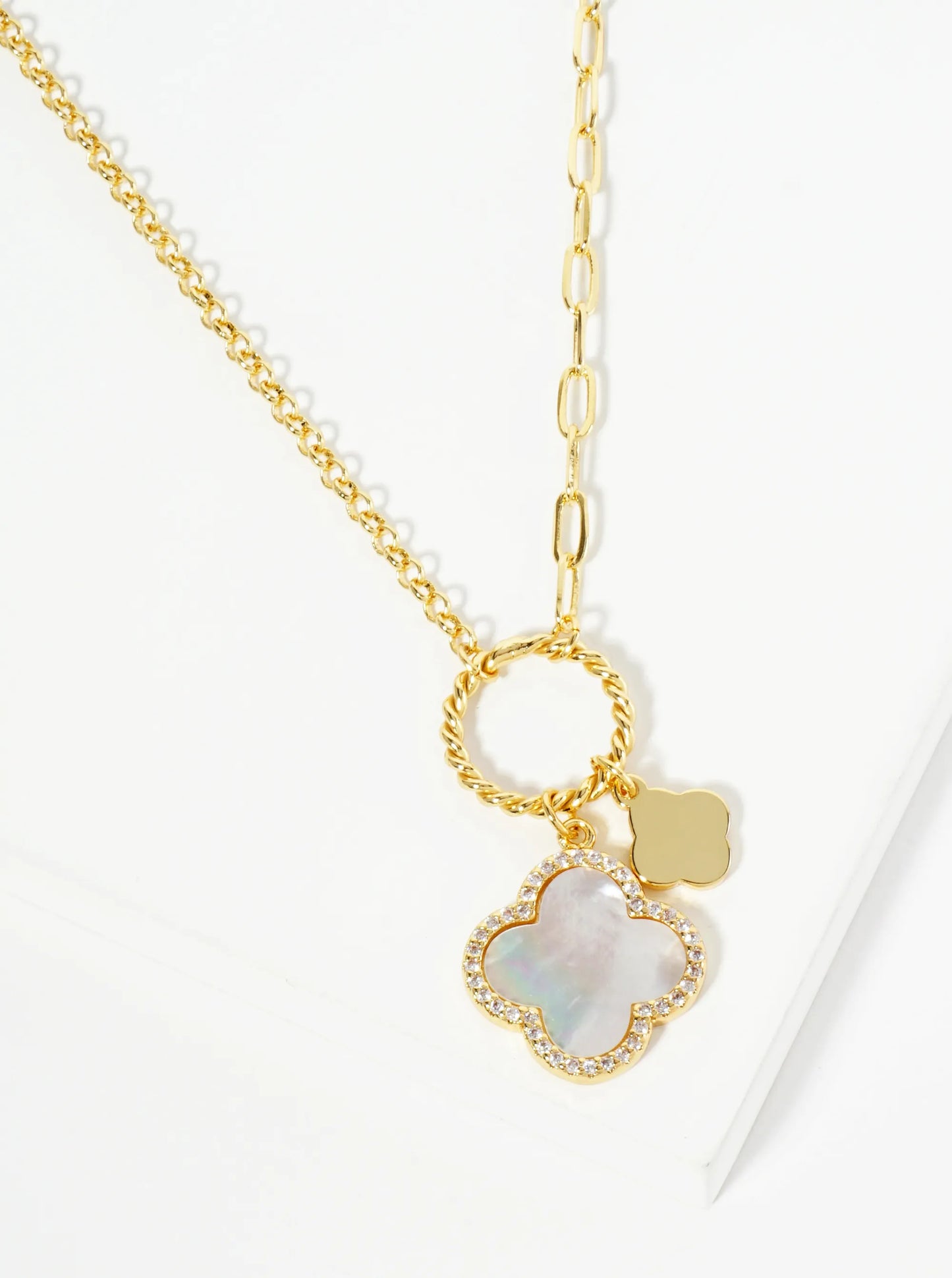 18K Gold Dipped Two Quatrefoils Pendant Unbalanced Chain Necklace