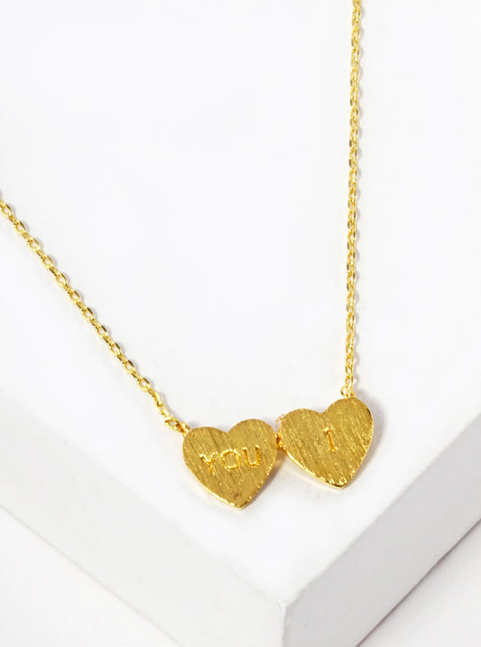 18K Gold Dipped You And I Engraved Two Heart Pendant Necklace