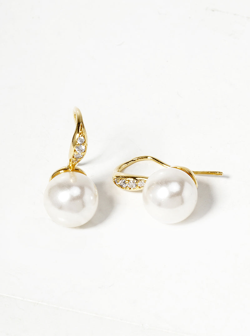 18K Gold Dipped Glass Pearl Drop CZ Pave Earrings
