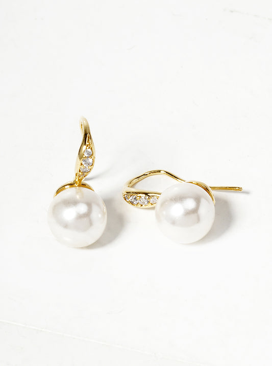 18K Gold Dipped Glass Pearl Drop CZ Pave Earrings