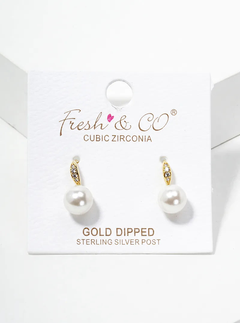 18K Gold Dipped Glass Pearl Drop CZ Pave Earrings