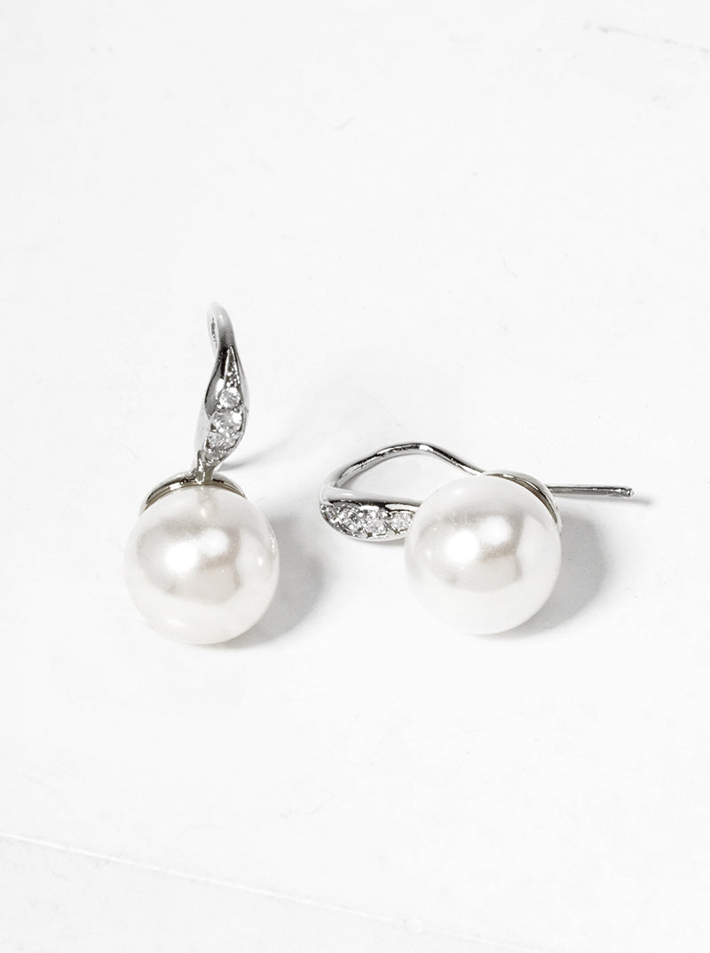 18K Gold Dipped Glass Pearl Drop CZ Pave Earrings