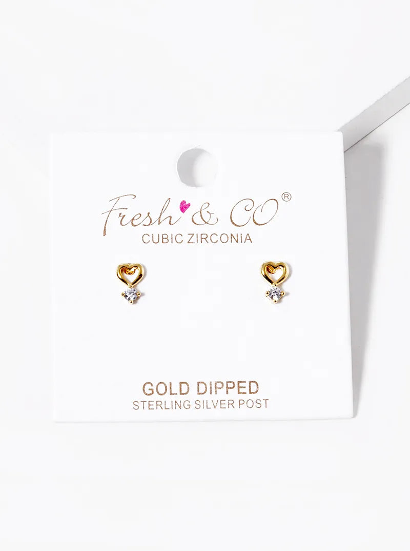 18KGold Dipped CZ Stone Drop Heart Stud Earrings