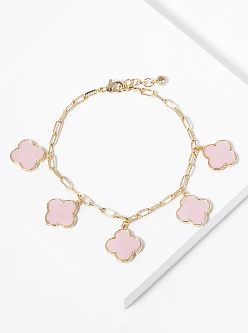 18k Gold Dipped 14mm Five Quatrefoil Charms Chain Bracelet