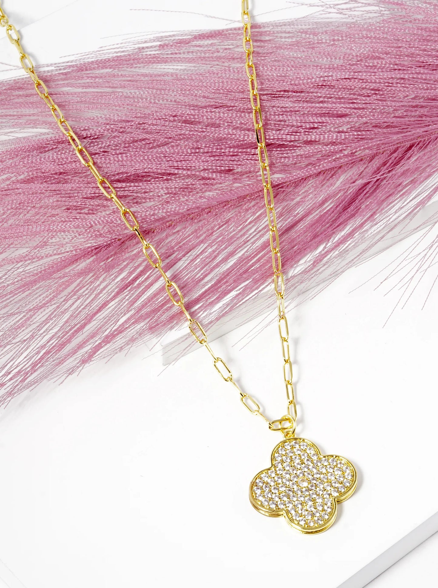 18k Gold Dipped 18 Inch CZ Pave Quatrefoil Pendant Necklace