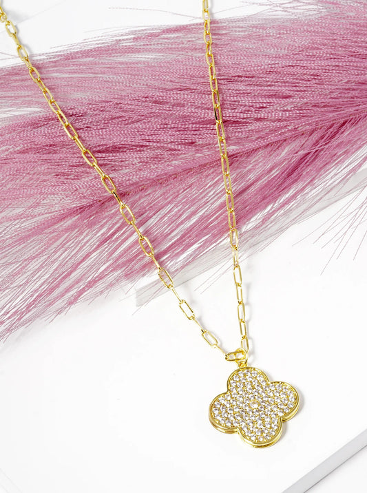 18k Gold Dipped 18 Inch CZ Pave Quatrefoil Pendant Necklace
