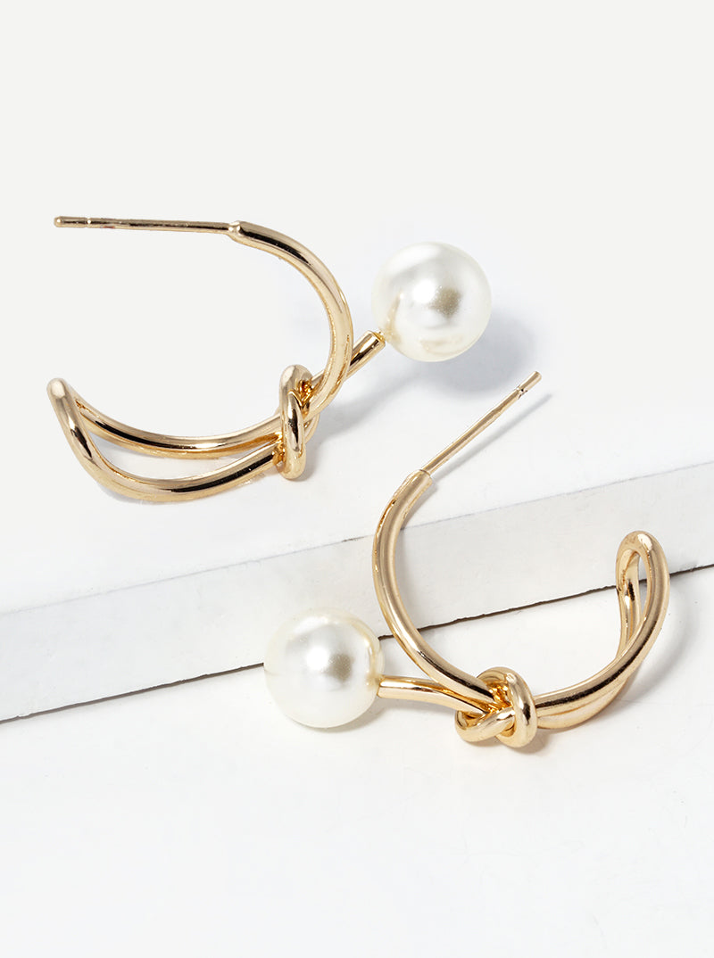 18k Gold Dipped 20mm Love Knot Open Hoop Earrings With Pearl