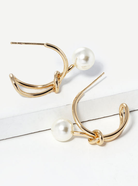18k Gold Dipped 20mm Love Knot Open Hoop Earrings With Pearl
