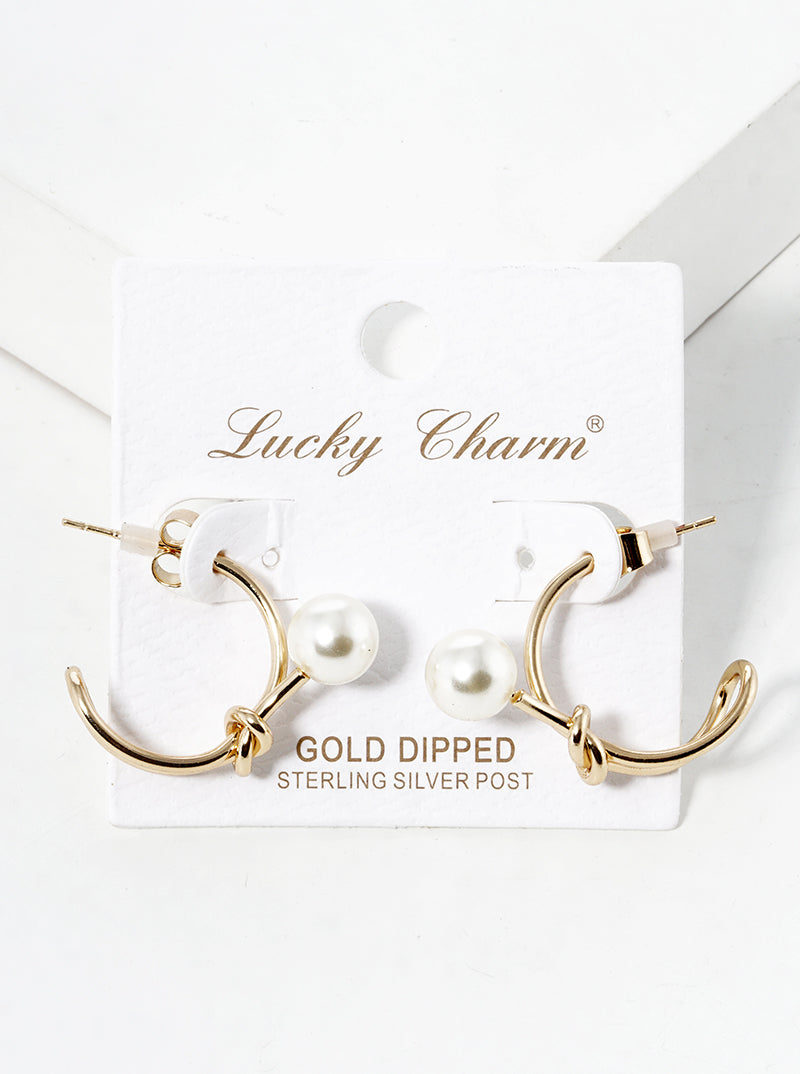 18k Gold Dipped 20mm Love Knot Open Hoop Earrings With Pearl