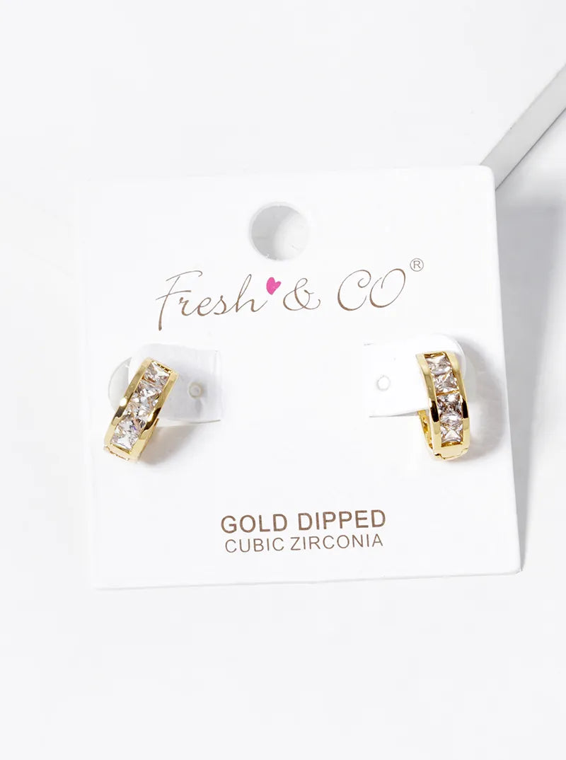 18k Gold Dipped 4 Square CZ Pave Huggie Hoop Earrings