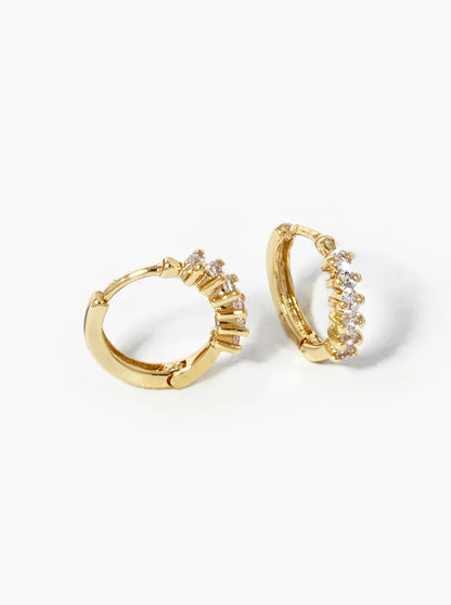 18k Gold Dipped 6 CZ Stone Pave 11mm Huggie Hoop Earrings