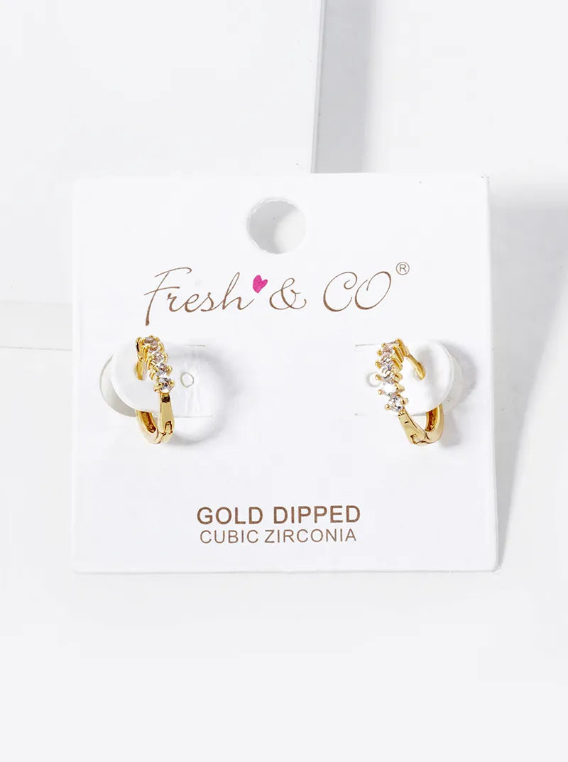 18k Gold Dipped 6 CZ Stone Pave 11mm Huggie Hoop Earrings