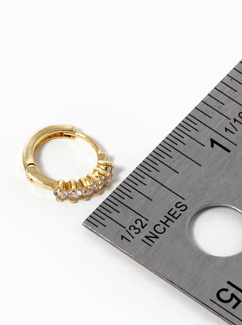 18k Gold Dipped 6 CZ Stone Pave 11mm Huggie Hoop Earrings