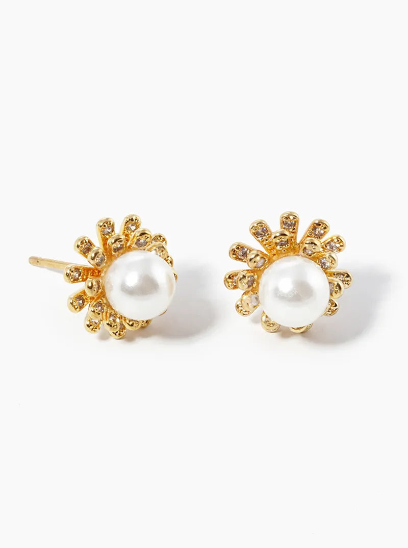 White Gold Dipped 6mm Pearl Flower Post Stud Earrings