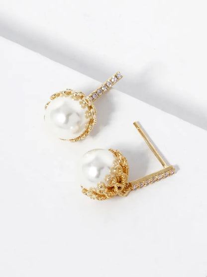 18k Gold Dipped 8mm Pearl Bead Drop CZ Pave Bar Post Earrings