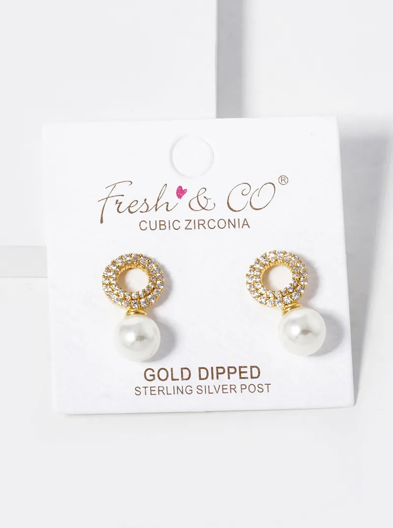 18k Gold Dipped 8mm Pearl Drop CZ Pave Circle Stud Earrings