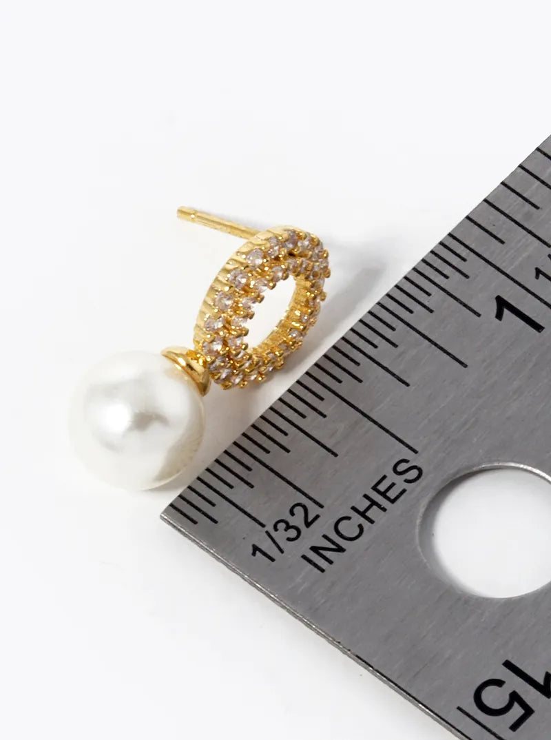 18k Gold Dipped 8mm Pearl Drop CZ Pave Circle Stud Earrings