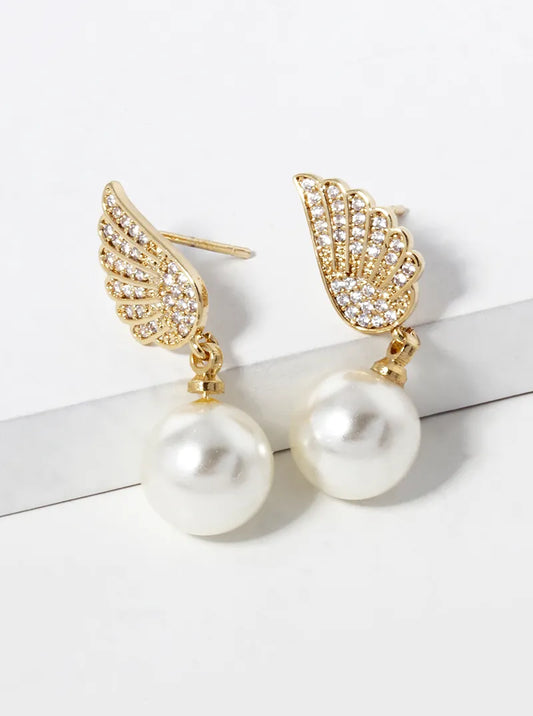 18k Gold Dipped 9mm Pearl Bead Drop CZ Pave Angel Wing Post Earrings