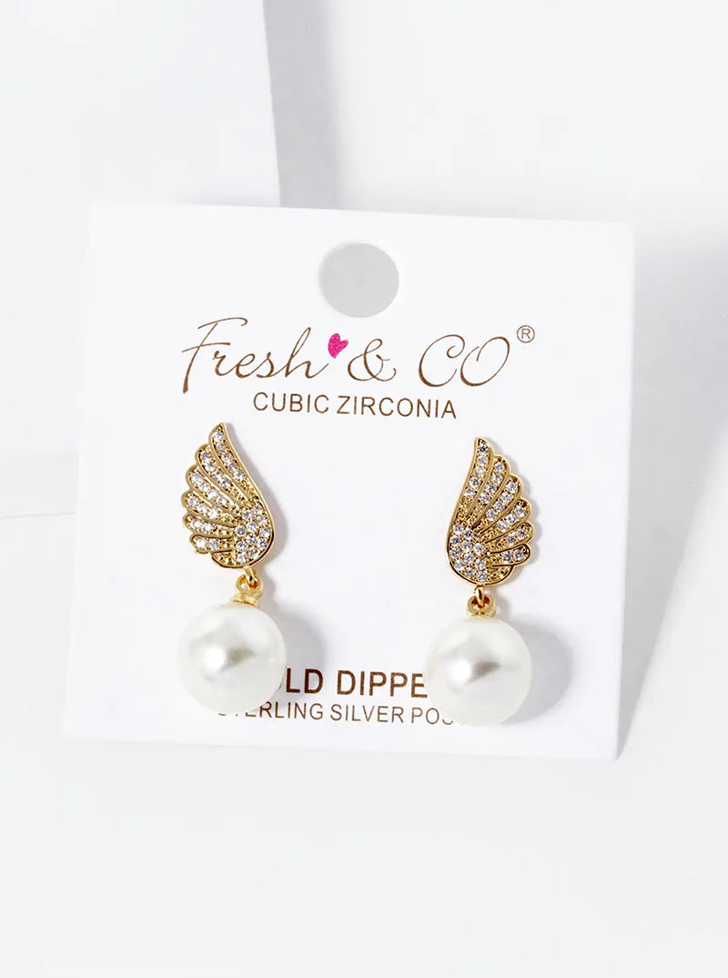 18k Gold Dipped 9mm Pearl Bead Drop CZ Pave Angel Wing Post Earrings