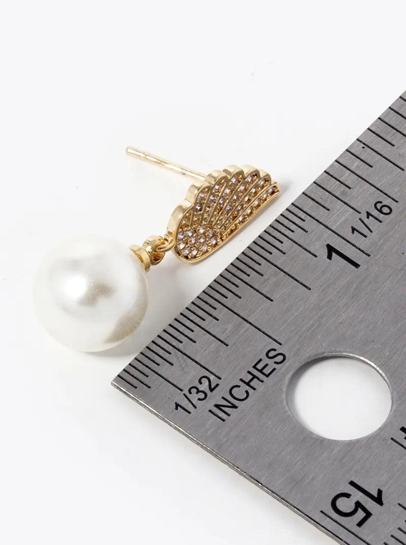 18k Gold Dipped 9mm Pearl Bead Drop CZ Pave Angel Wing Post Earrings