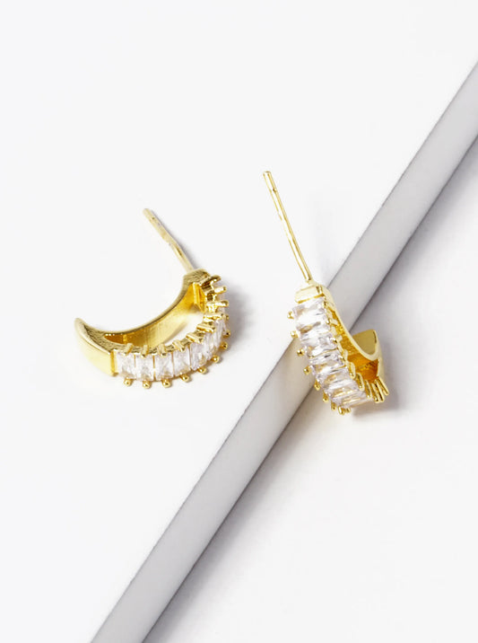 18k Gold Dipped Baguette CZ 13mm Crescent Moon Hoop Earrings