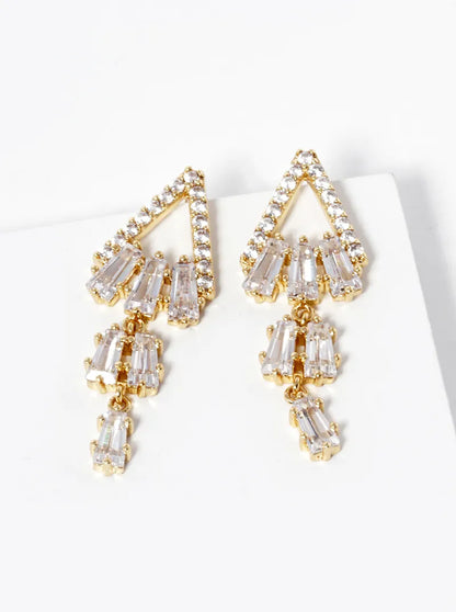 18k Gold Dipped Baguette CZ Bar Drop Triangle Post Earrings