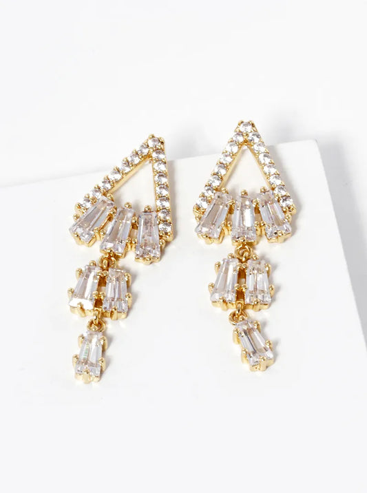 18k Gold Dipped Baguette CZ Bar Drop Triangle Post Earrings
