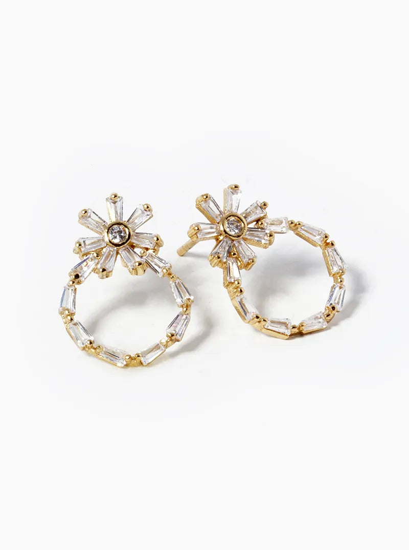 18k Gold Dipped Baguette CZ Pave Circle Drop Flower Stud Earrings