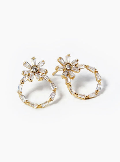 18k Gold Dipped Baguette CZ Pave Circle Drop Flower Stud Earrings