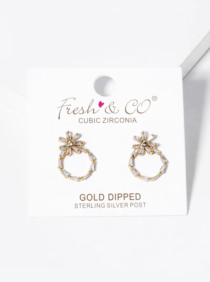 18k Gold Dipped Baguette CZ Pave Circle Drop Flower Stud Earrings