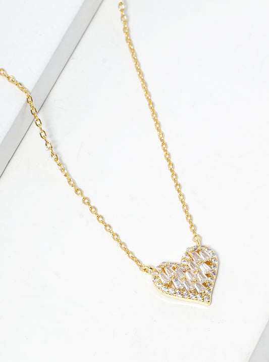 18k Gold Dipped Baguette CZ Pave Heart Pendant Necklace