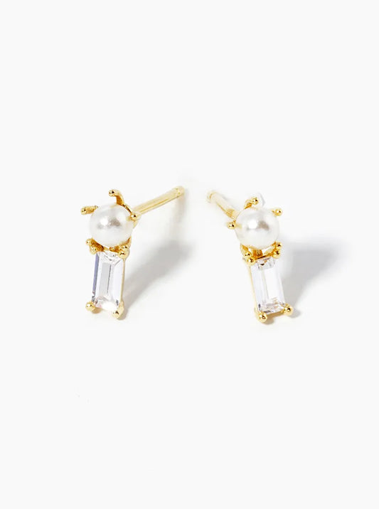 18k Gold Dipped Baguette CZ And Pearl Post Stud Earrings