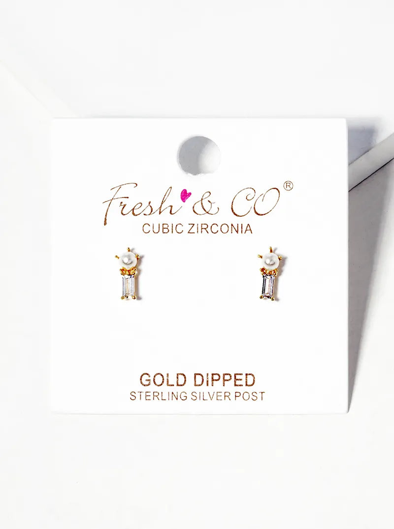 18k Gold Dipped Baguette CZ And Pearl Post Stud Earrings