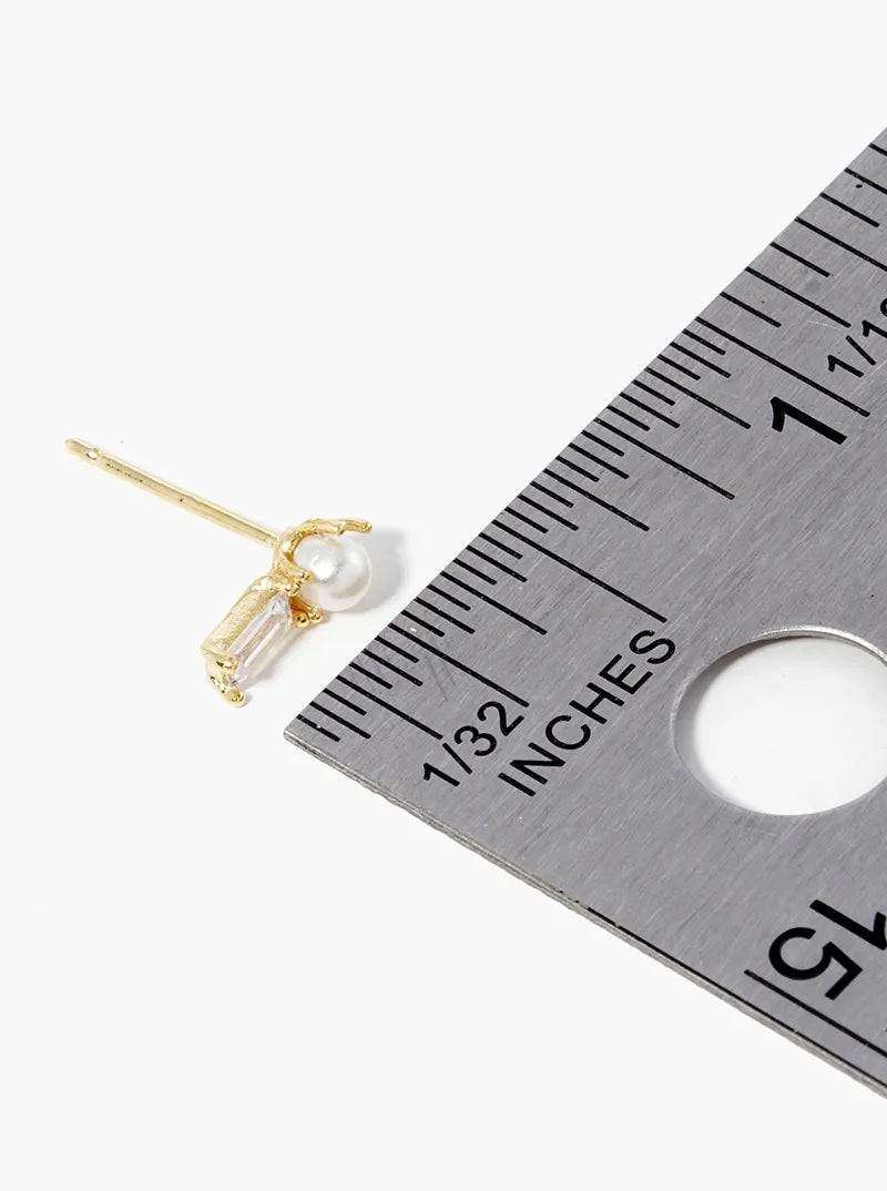 18k Gold Dipped Baguette CZ And Pearl Post Stud Earrings