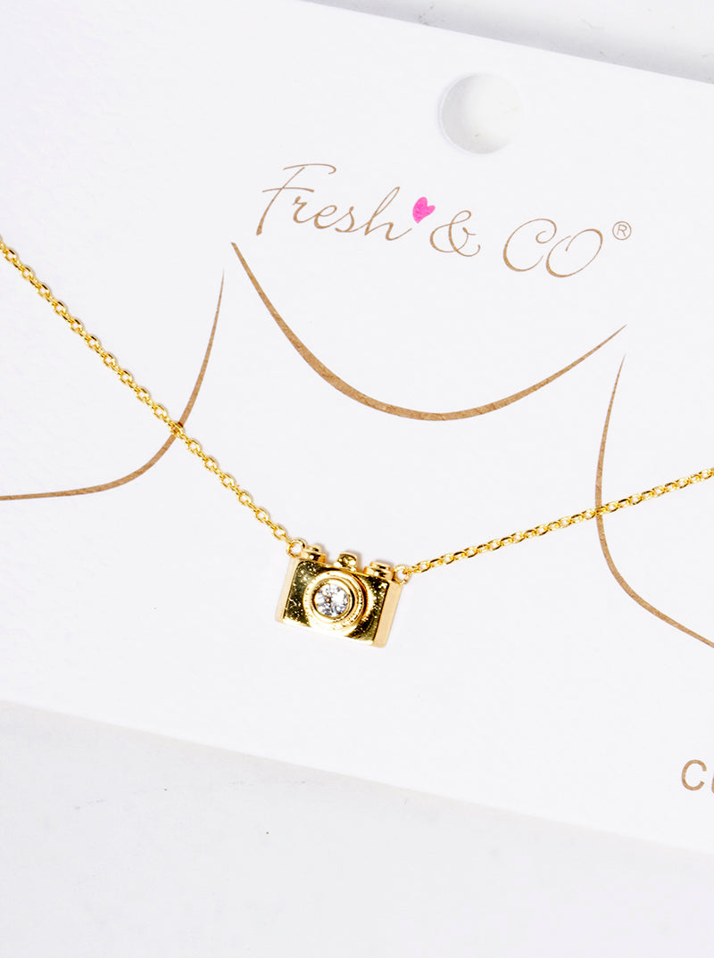 18k Gold Dipped CZ Camera Pendant Delicate Necklace