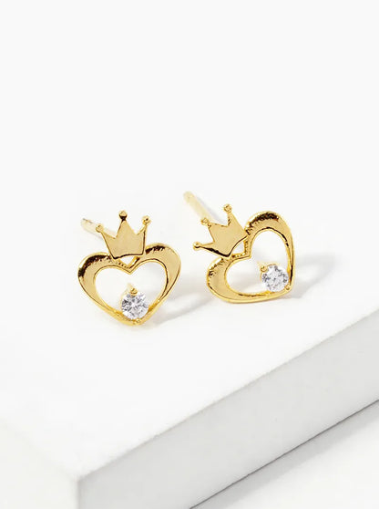18k Gold Dipped CZ Heart Crown Stud Earrings