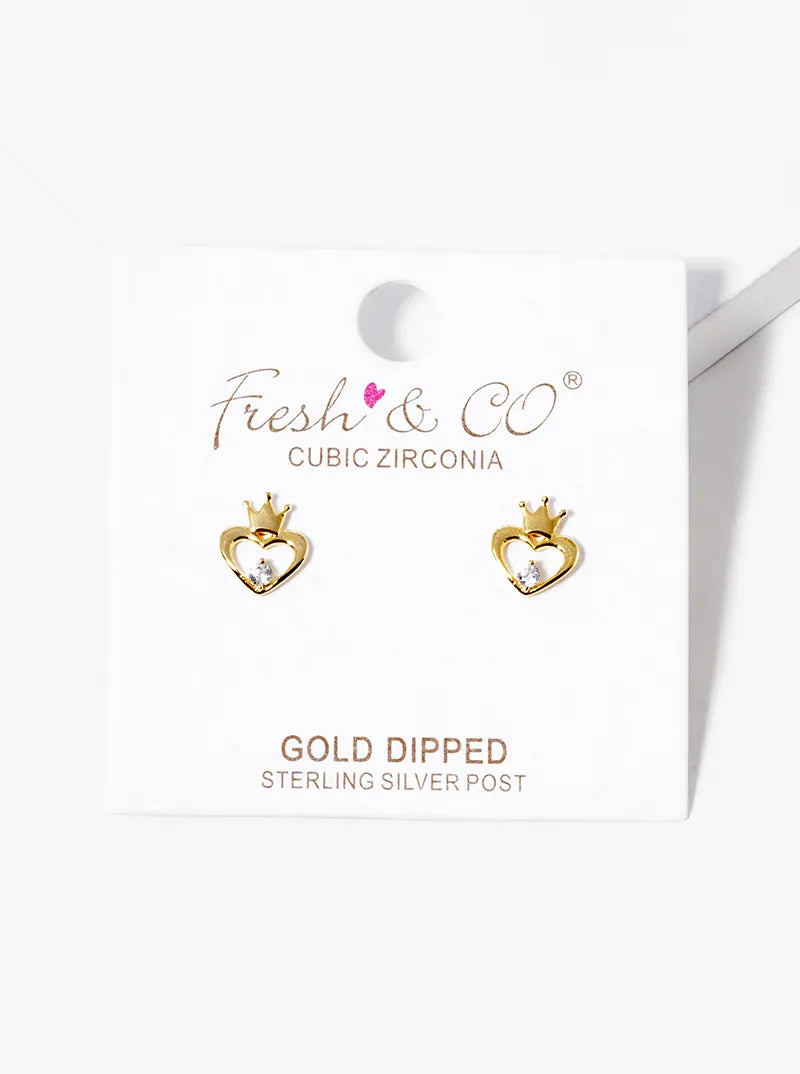 18k Gold Dipped CZ Heart Crown Stud Earrings