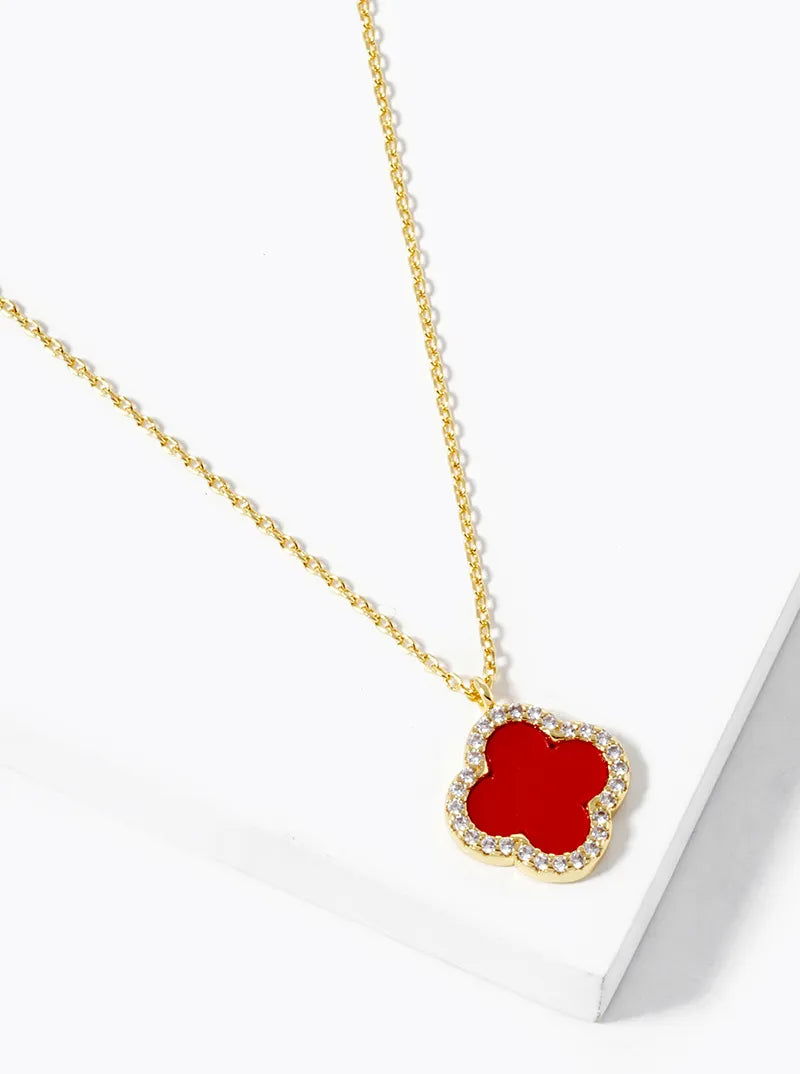 18k Gold Dipped CZ Pave 13mm Quatrefoil Pendant Necklace