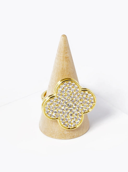 18k Gold Dipped CZ Pave 25mm Quatrefoil Adjustable Ring