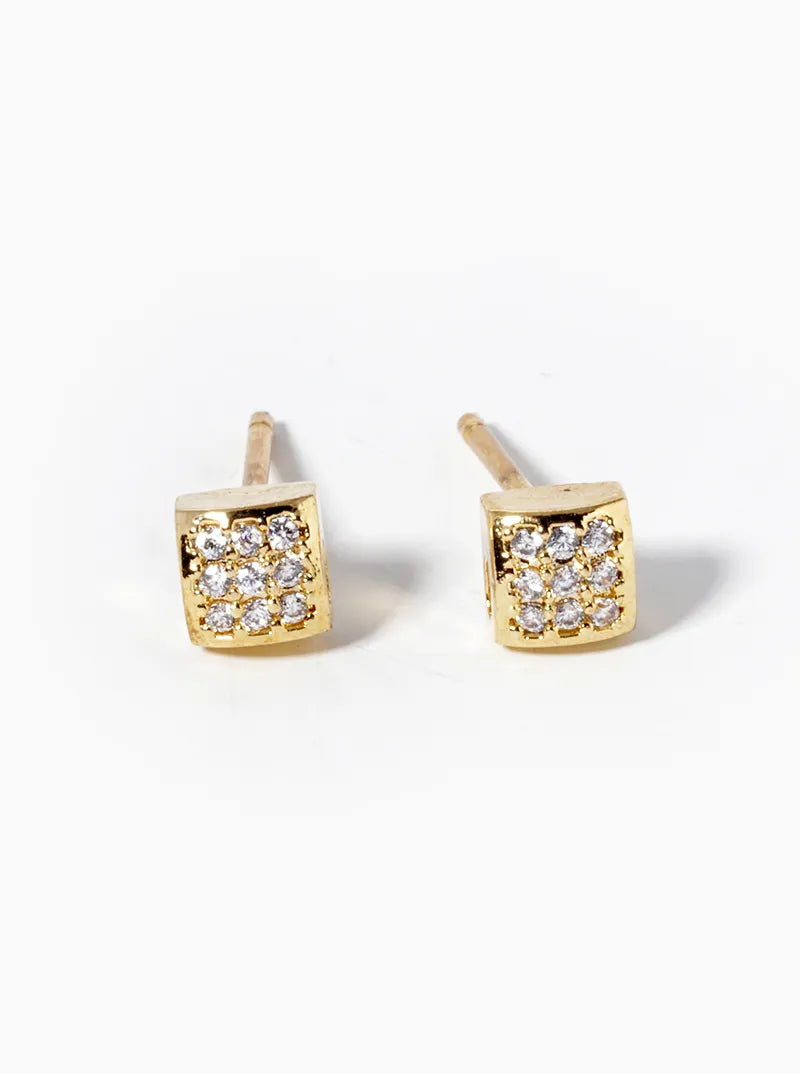 18k Gold Dipped CZ Pave 4mm Square Post Stud Earrings