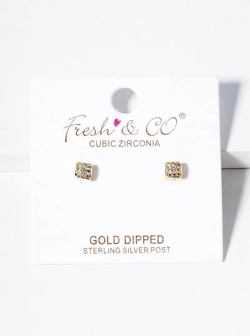 18k Gold Dipped CZ Pave 4mm Square Post Stud Earrings
