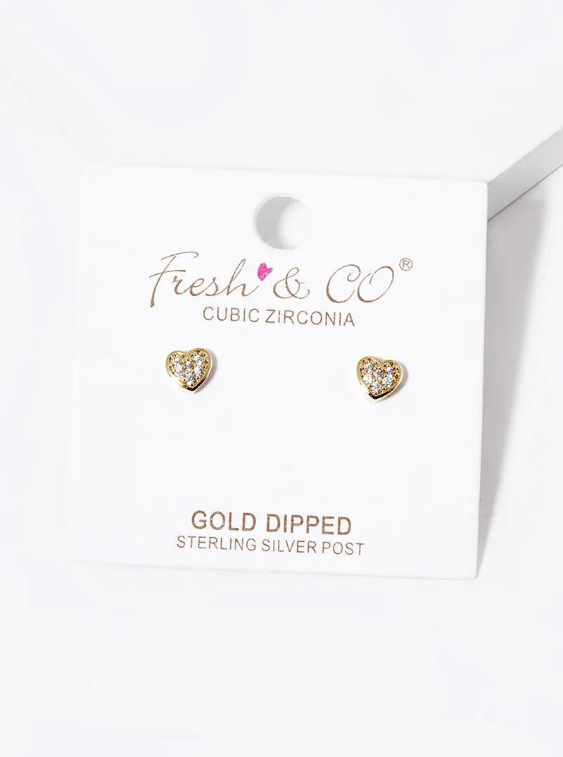 18k Gold Dipped CZ Pave 5mm Heart Stud Earrings