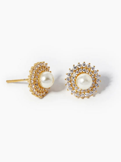 18k Gold Dipped CZ Pave 5mm Pearl Stud Earrings