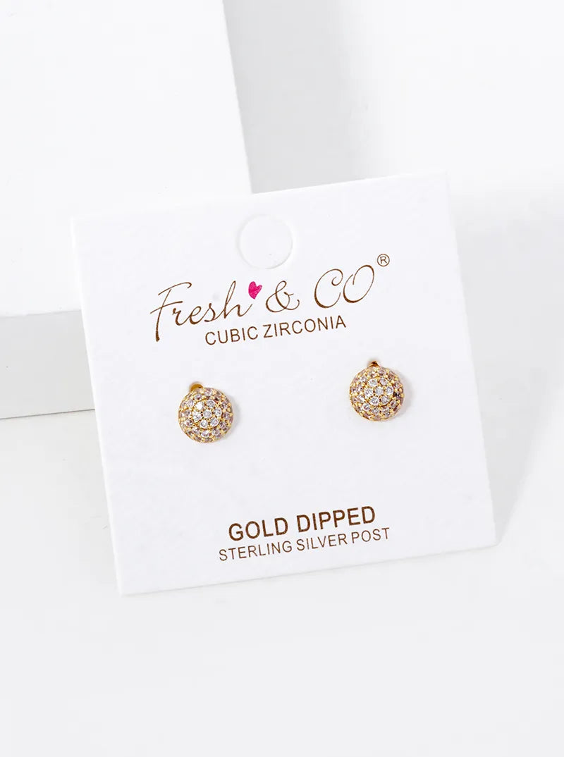 18k Gold Dipped CZ Pave 6mm Hemisphere Stud Earrings