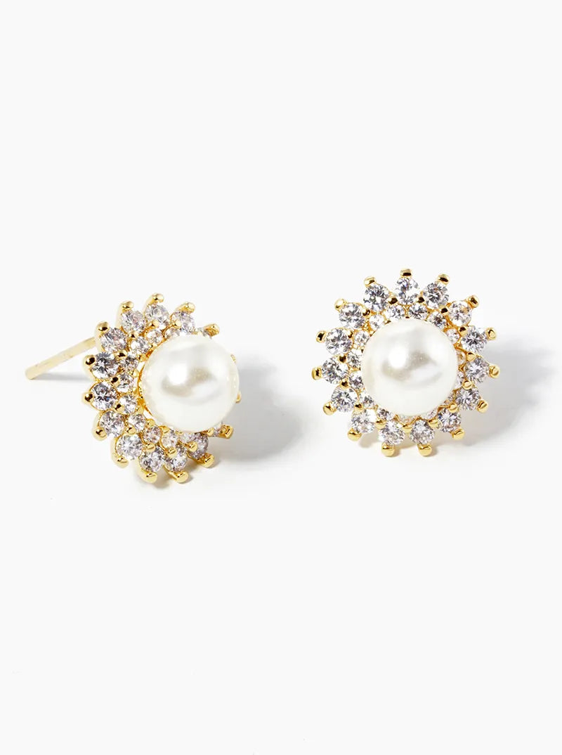 18k Gold Dipped CZ Pave 6mm Pearl Post Stud Earrings