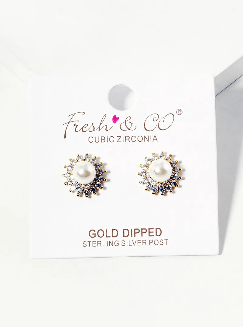 18k Gold Dipped CZ Pave 6mm Pearl Post Stud Earrings