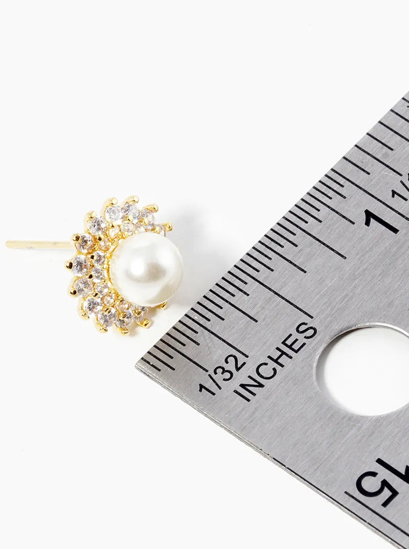 18k Gold Dipped CZ Pave 6mm Pearl Post Stud Earrings